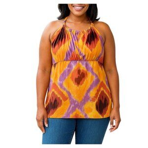 D.F.A. Plus Size 1X Halter Top Orange Purple Boho Tie-Back Lightweight Tank